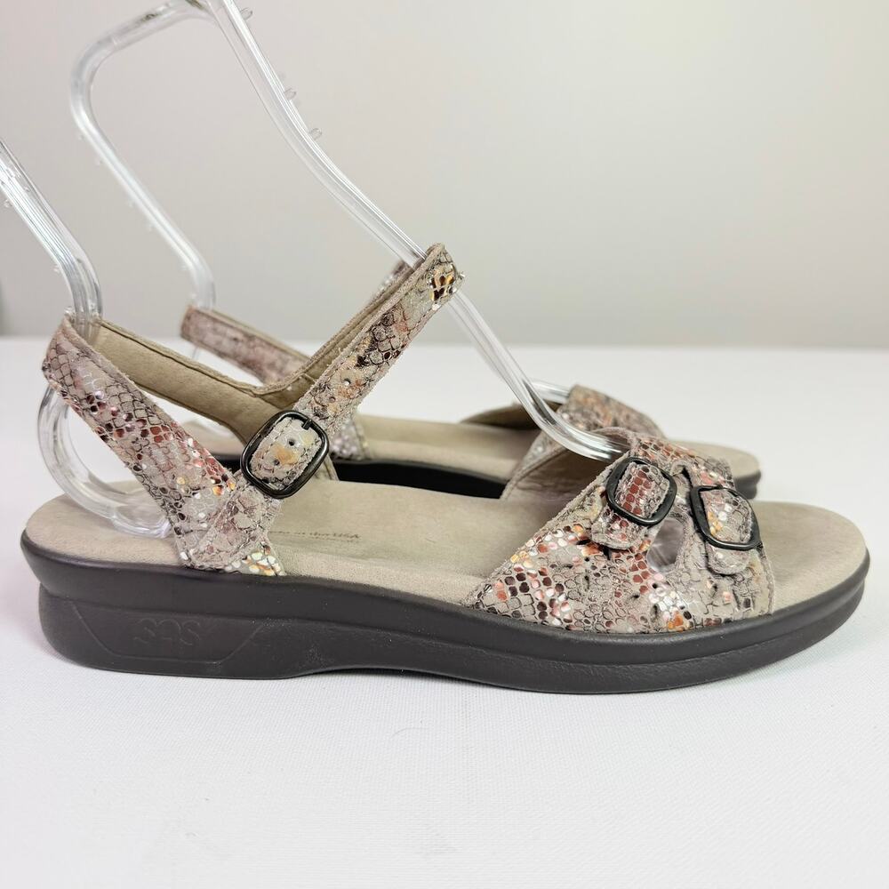 SAS Duo Quarter Strap Sandal Women's 8.5M Metallic Snake Taupe Leather Comfort